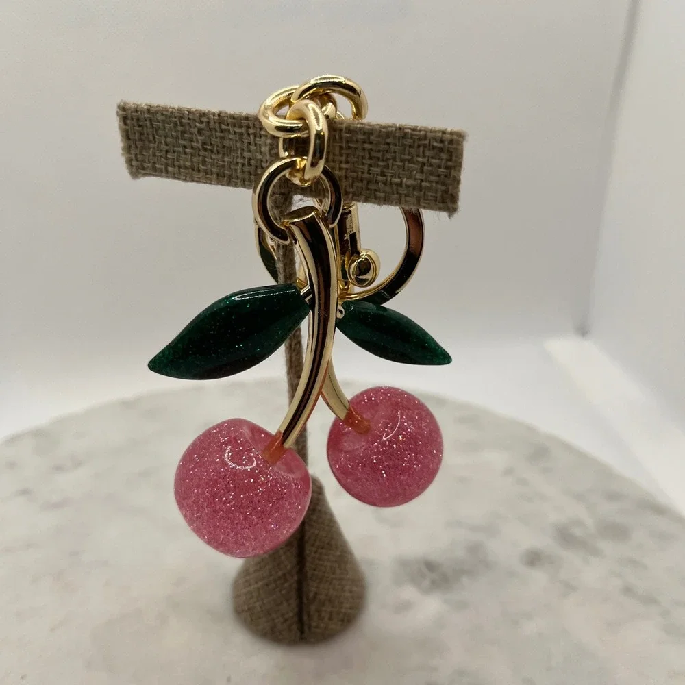 Cherry Bag Charm Keychain Pink Glitter Jumbo Resin Gold Tone Fruit New Accessory